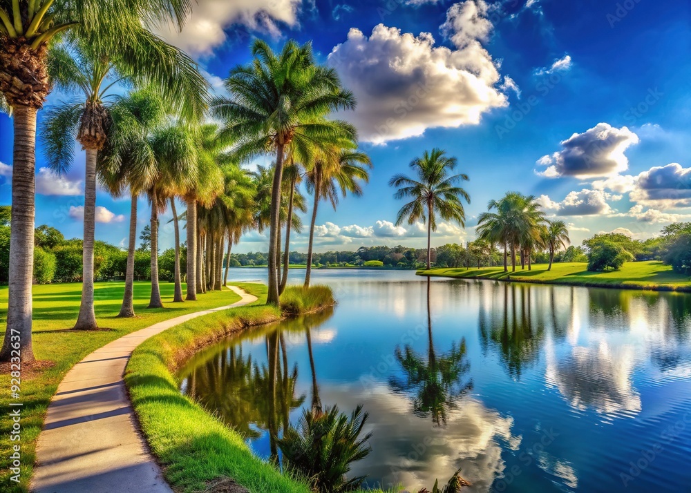 Vibrant sunny day in Coral Springs, Florida, with palm trees swaying gently alongside a serene lake, surrounded by lush greenery and walking trails. Vibrant sunny day in Coral Springs, Florida, with palm trees swaying gently alongside a serene lake, surrounded by lush greenery and walking trails.