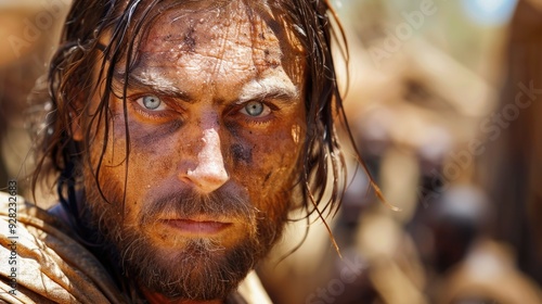 A rugged man in an emotional portrait set against a natural background. His intense expression reveals strength and determination in a gritty environment.