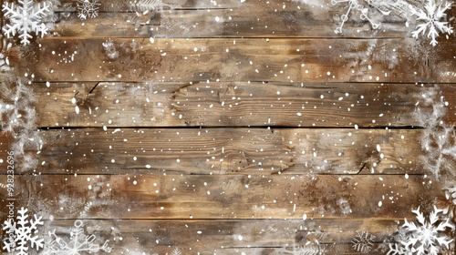 Rustic Wooden Background with Winter Snowflakes photo