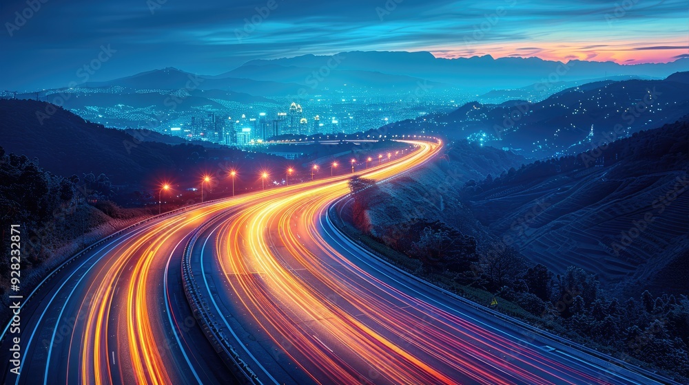 night highway, long exposure capturing light trails and city lights in the background night highway, long exposure capturing light trails and city lights in the background