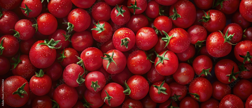 View of a bunch of fresh ripe Tomato vegetables with neatly stacked leaves arranged from above on a wide flat textured background View of a bunch of fresh ripe Tomato vegetables with neatly stacked leaves arranged from above on a wide flat textured background