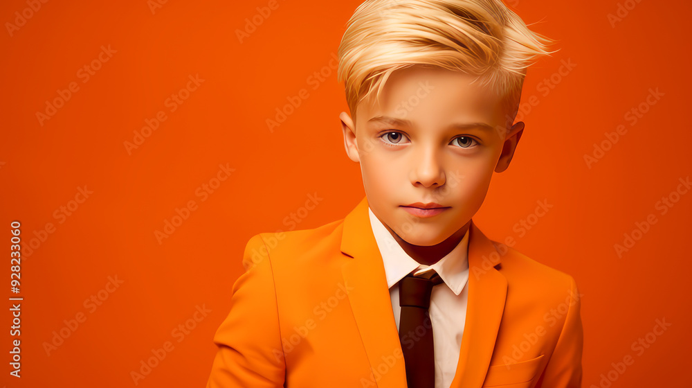 Portrait of a beautiful, happy smiling blond boy with perfect skin, orange background, banner. Portrait of a beautiful, happy smiling blond boy with perfect skin, orange background, banner.