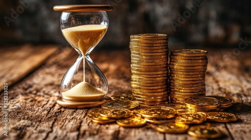 An hourglass filled with sand sits beside stacks of gold coins. This set symbolizes wealth and time management in finance.