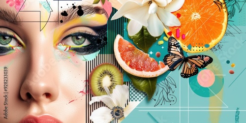 Colorful beauty illustration featuring a woman's face adorned with vibrant makeup and a butterfly. It is surrounded by tropical fruits and flowers. photo