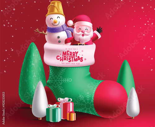 Christmas sock vector design. Santa claus and snowman characters in pattern socks with merry christmas and happy new year greeting text  in red background. Vector illustration greeting card concept. 
