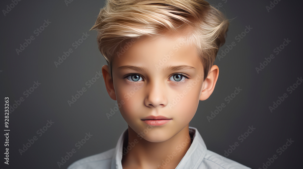 Portrait of a beautiful, happy smiling blond boy with perfect skin, gray background, banner. Portrait of a beautiful, happy smiling blond boy with perfect skin, gray background, banner.