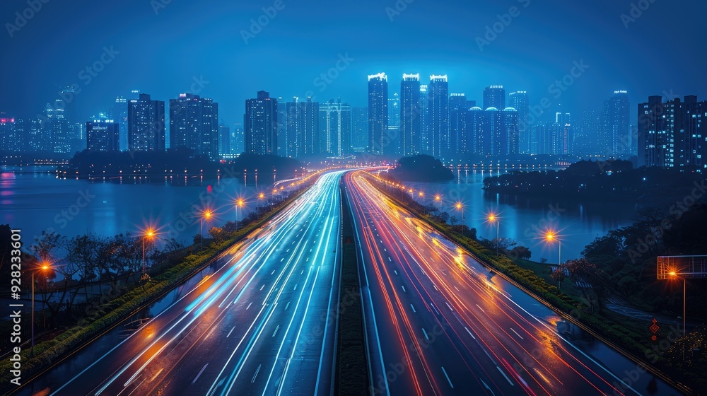 night highway, long exposure capturing light trails and city lights in the background night highway, long exposure capturing light trails and city lights in the background