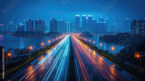 night highway, long exposure capturing light trails and city lights in the background