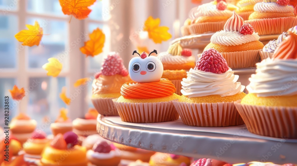 Autumn-themed pastries on display, 3D illustration Autumn-themed pastries on display, 3D illustration