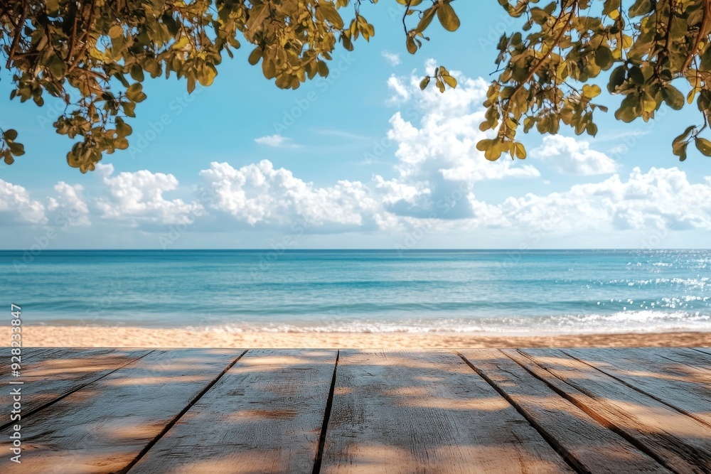 Fototapeta premium Desk of free space and summer ladnscape of beach and sea, Generative AI