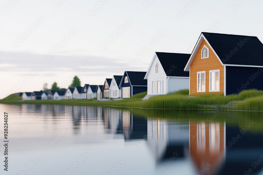 Lakeside Village Serenity, tranquil waterfront lined with modern houses in varying colors, reflections shimmering on calm water, surrounded by lush green grass. Lakeside Village Serenity, tranquil waterfront lined with modern houses in varying colors, reflections shimmering on calm water, surrounded by lush green grass.