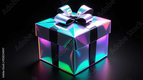 Holographic Neon Gift Box on a Black Background