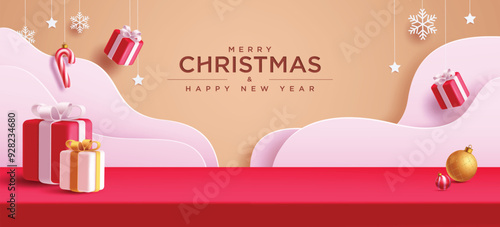 Merry christmas greeting card vector banner design. Christmas podium with paper cut backdrop, hanging candy cane, snowflakes, stars and gift box decoration elements. Vector illustration product 