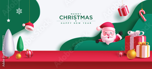 Christmas podium vector banner design. Merry christmas and happy new year greeting text in paper cut backdrop with santa claus character and gift boxes, pine tree and xmas balls decoration elements. 