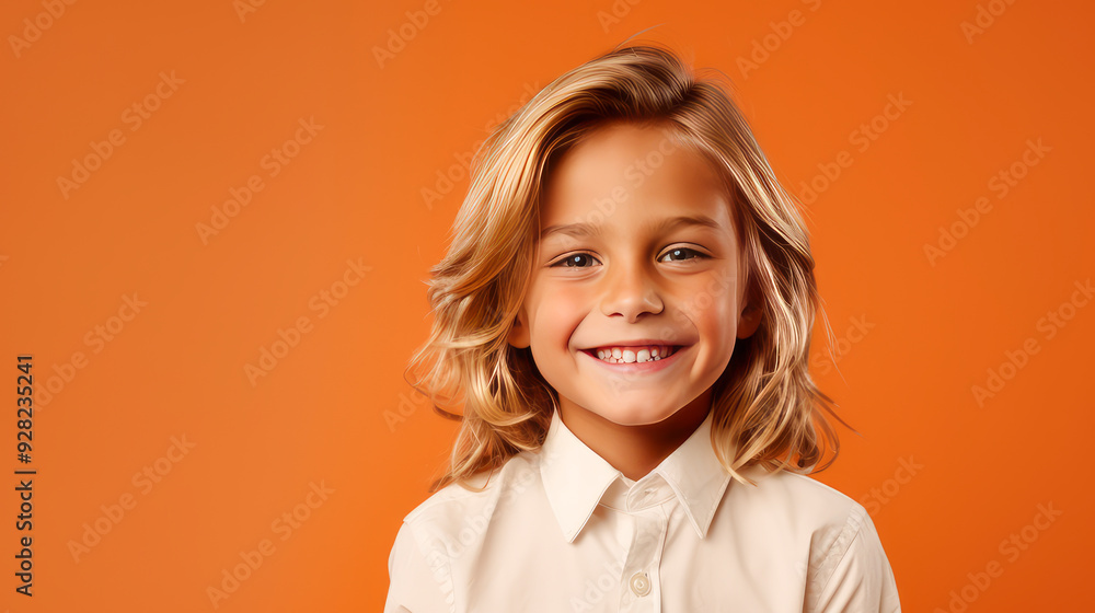 Portrait of a beautiful, happy smiling boy with long hair and perfect skin, orange background, banner. Portrait of a beautiful, happy smiling boy with long hair and perfect skin, orange background, banner.