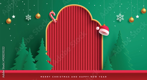 Christmas paper cut podium vector banner design. Merry christmas and happy new year greeting text with fold curtain, pine tree paper cut and hanging decoration elements. Vector illustration product 