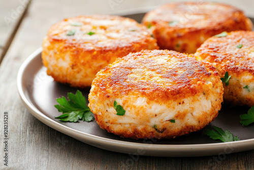 Golden brown crab cakes served on a simple gray plate, garnished with fresh parsley, showcasing a crispy exterior and tender, flavorful interior.