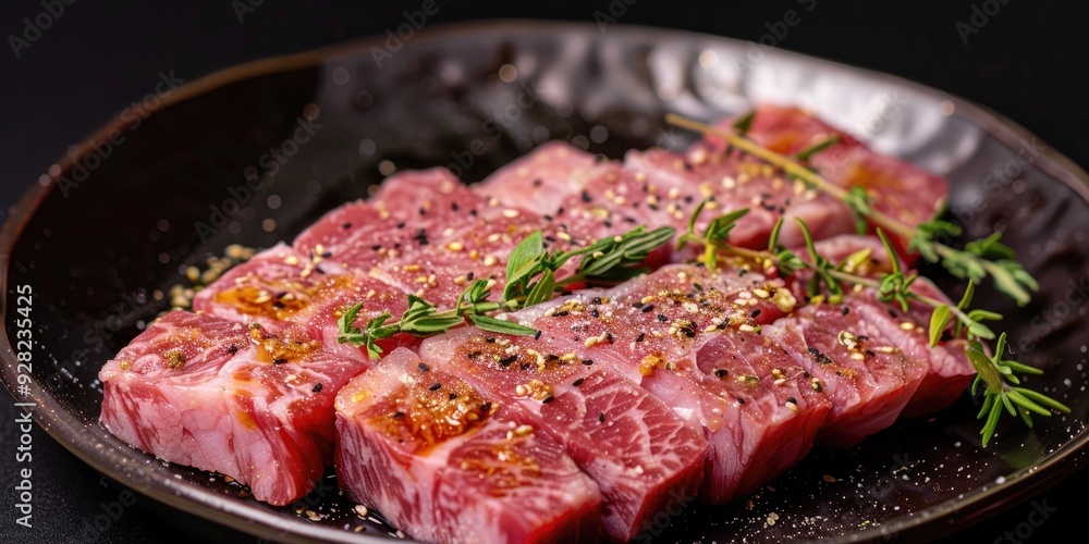 Raw Iberian pork secreto fillet seasoned and ready for grilling on a platter Raw Iberian pork secreto fillet seasoned and ready for grilling on a platter