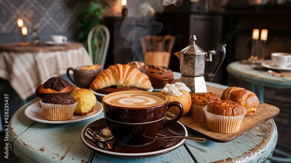 Rich, moody shot of a steaming cup of artisanal coffee on a rustic wooden table, accompanied by freshly baked pastries and cozy surroundings. Perfect for cafe promotions, food blogs, and marketing Rich, moody shot of a steaming cup of artisanal coffee on a rustic wooden table, accompanied by freshly baked pastries and cozy surroundings. Perfect for cafe promotions, food blogs, and marketing