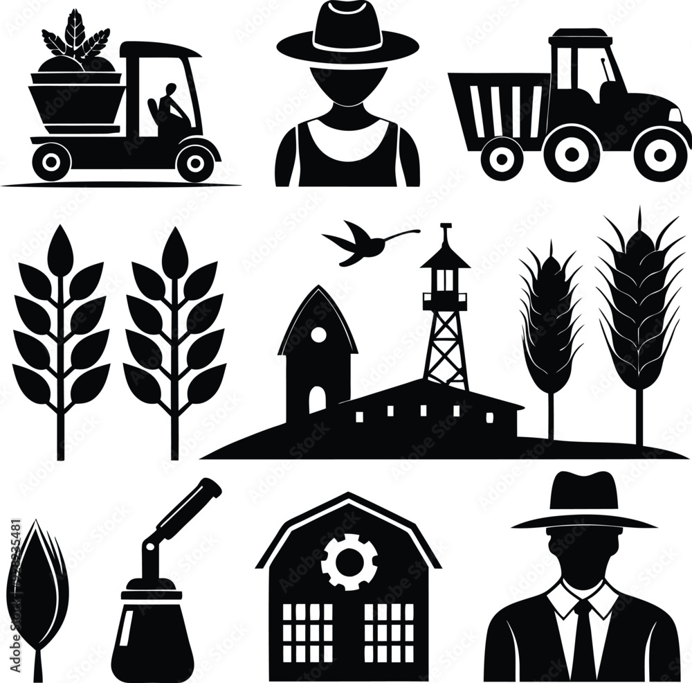 Naklejka premium Farm Implements Outline Silhouette Graphics Collection