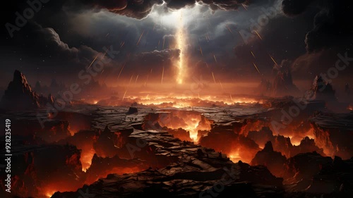 A fiery landscape with a massive pillar of light erupting from the sky, surrounded by falling meteors. A dramatic and apocalyptic scene. photo