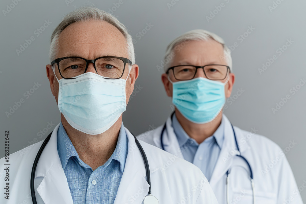 Medical professionals in white coats wearing protective masks, presenting a serious demeanor, symbolizing dedicated healthcare during challenging times, emphasizing teamwork and resilience. Medical professionals in white coats wearing protective masks, presenting a serious demeanor, symbolizing dedicated healthcare during challenging times, emphasizing teamwork and resilience.