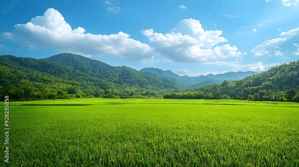 Vibrant green rice fields under a bright blue sky with mountains in the background.