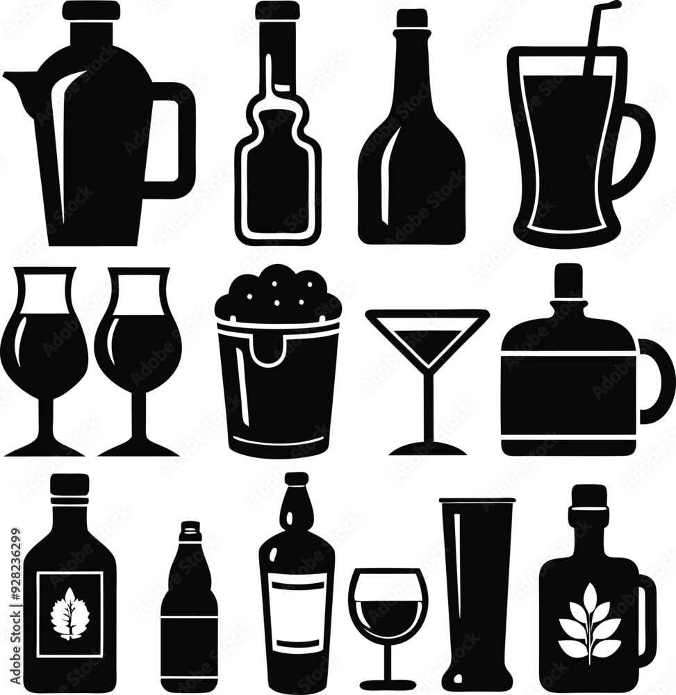 Drinks Minimalist Black Silhouette Vector Collection Drinks Minimalist Black Silhouette Vector Collection