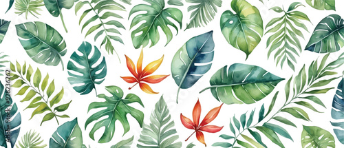 Tropical leaves pattern background watercolor style4 photo