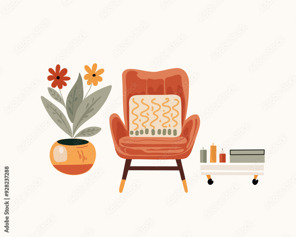Fototapeta premium The armchairs and interior potted home flower and table with candles