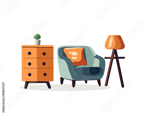 The dresser, armchair and floor lamp