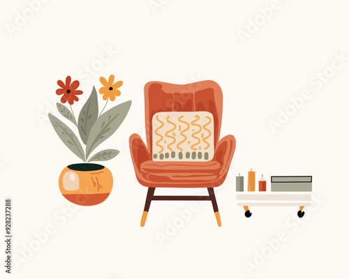 The armchairs and interior potted home flower and table with candles