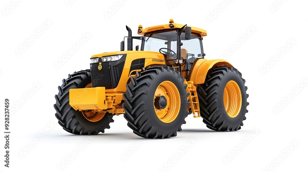 Detailed yellow tractor on a white backdrop, showcasing its robust design and power. Detailed yellow tractor on a white backdrop, showcasing its robust design and power.