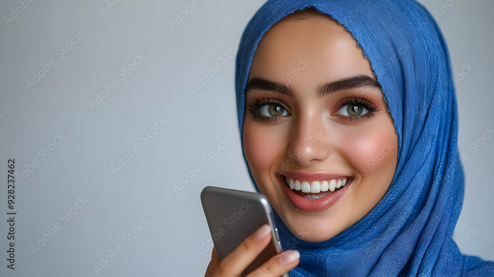 Smiling Muslim Woman Talking on Smartphone, Wearing Blue Hijab, Modern Communication and Technology Smiling Muslim Woman Talking on Smartphone, Wearing Blue Hijab, Modern Communication and Technology