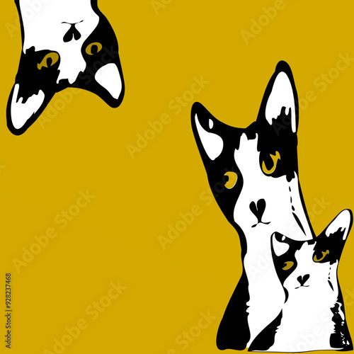 cat and dog,Yellow background, three curious cat characters 