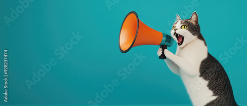 Loudmouth Feline, a spirited cat passionately communicating through a megaphone against a vibrant turquoise backdrop, exuding playful energy and charisma. photo