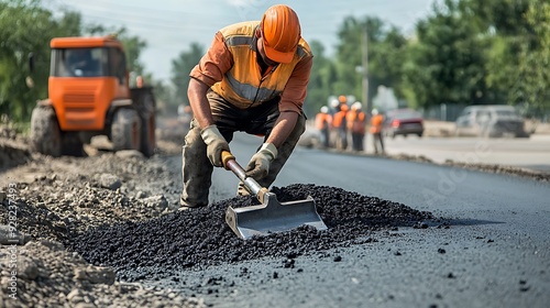 Wallpaper Mural Construction Worker Spreading Asphalt on Road Torontodigital.ca