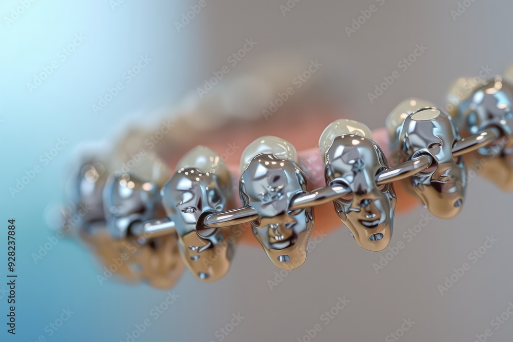 A close-up of a patient's mouth with orthodontic braces, showing the intricate details of the brackets and wires.
A close-up of a patient's mouth with orthodontic braces, showing the intricate details of the brackets and wires.