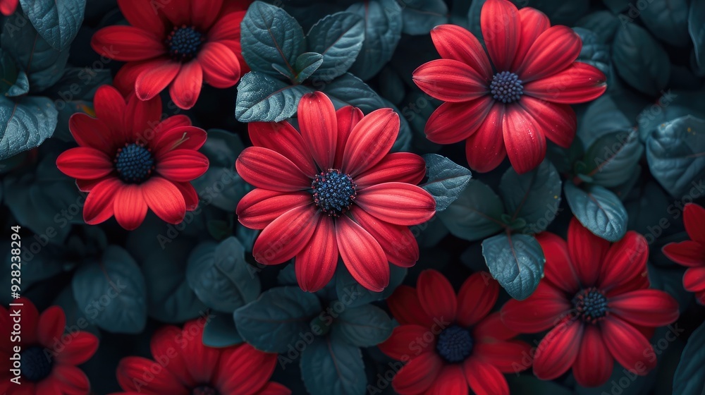 Red flowers, flowers in the garden, dark green leaves Red flowers, flowers in the garden, dark green leaves