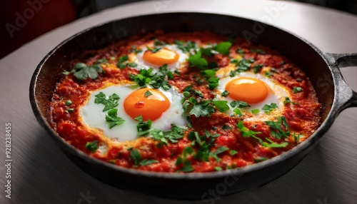 "Ultra-Detailed Food Photography of Shakshuka – Top View in Luxurious Michelin Kitchen Style, Studio Lighting, Depth of Field"food, soup, tomato, meal, vegetable, dinner, dish, bowl, meat