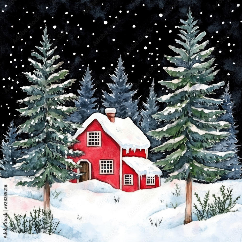 Naklejka premium Watercolor red house in winter forest. Hand painted Christmas illustration isolated on black