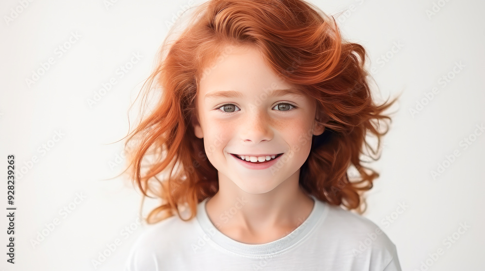 Portrait of a beautiful, happy smiling boy with red long hair and perfect skin, white background, banner. Portrait of a beautiful, happy smiling boy with red long hair and perfect skin, white background, banner.