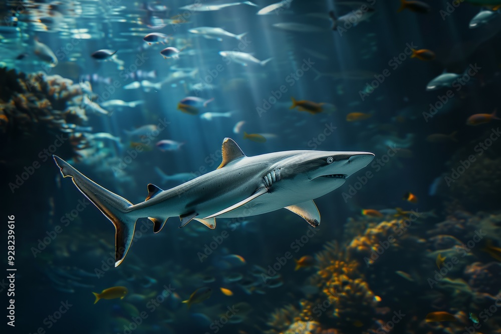 Fototapeta premium A majestic shark swimming underwater. Ocean life captured in vibrant colors. Perfect for marine biology, environmental themes. Digital artistry at its finest. Generative AI