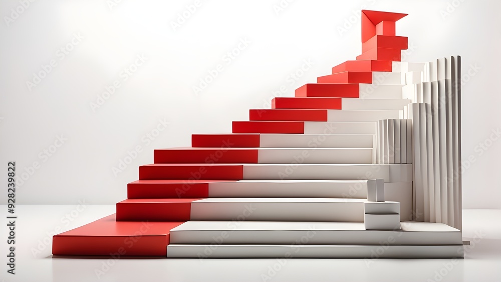 A graphic red three-dimensional arrow rising on steps on a white backdrop that represents the idea of growth or progress A graphic red three-dimensional arrow rising on steps on a white backdrop that represents the idea of growth or progress
