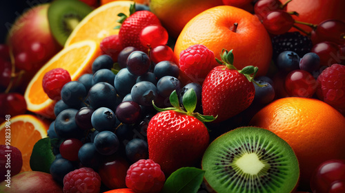 A vibrant assortment of fresh fruits, including oranges, apples, strawberries, grapes, and kiwis, with green leaves scattered among them. Perfect for healthy eating, freshness, and food themes.