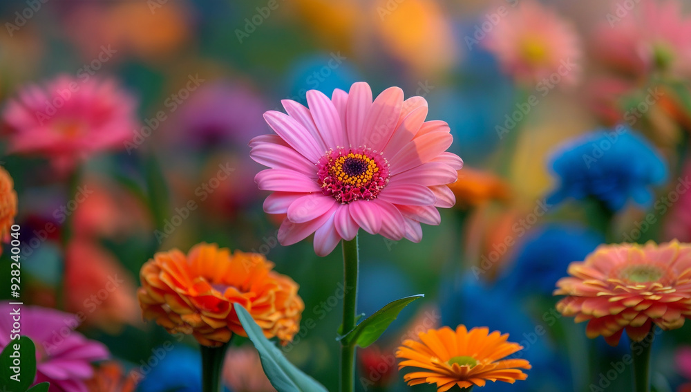 Obraz premium Close-up of pink gerbera daisy in full bloom, standing out against blurred background of multicolored flowers