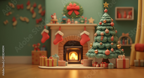A bright, pastel-colored claymation scene of a cozy living room with a childlike Christmas tree, soft stockings hung by the fireplace, and playful, simple presents beneath the tree.