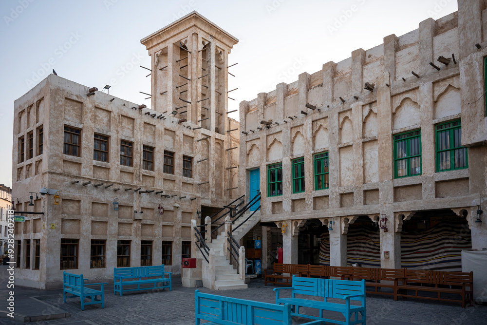 Naklejka premium View of old Qatar renovated old building in the famous Qatar Souq waqif. Qatar old traditional market