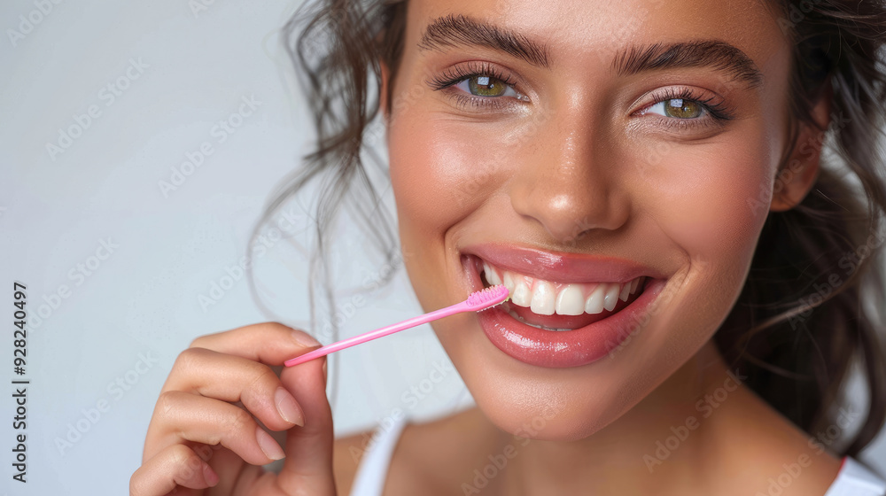 smiling woman mouth teeth face closeup with hand holding tongue cleaning stick isolated on white background smiling woman mouth teeth face closeup with hand holding tongue cleaning stick isolated on white background