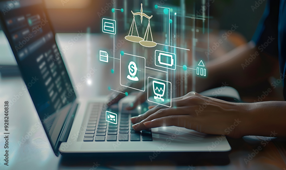 Woman working on laptop with digital icons for online business and legal. Woman working on laptop with digital icons for online business and legal.